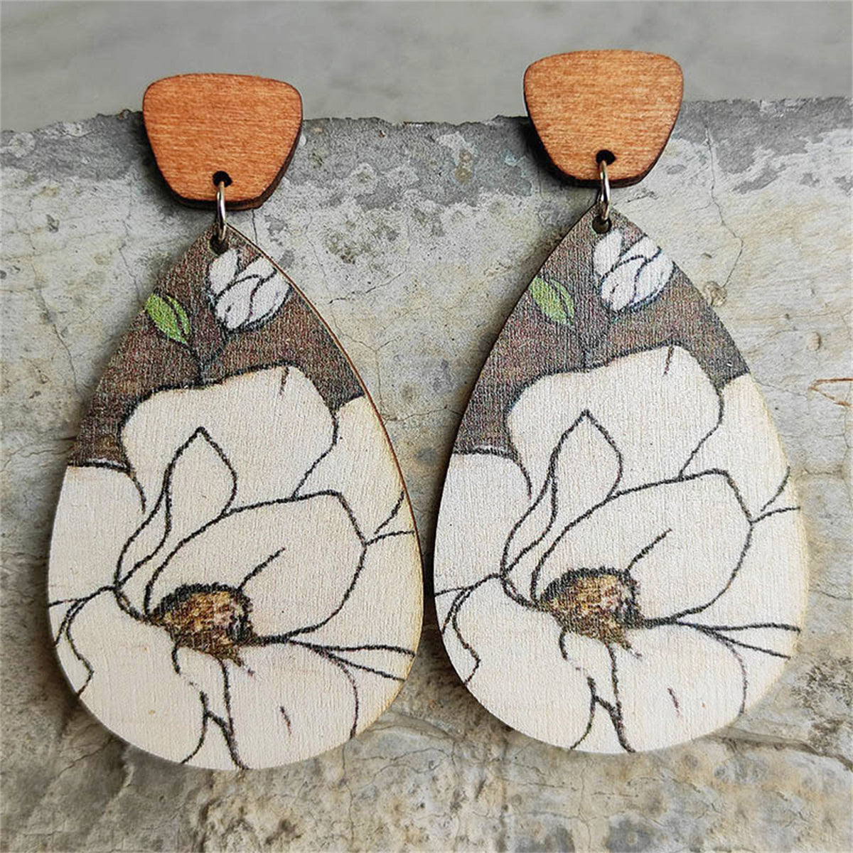 Gray & White Floral Wood Drop Earrings