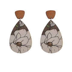 Gray & White Floral Wood Drop Earrings