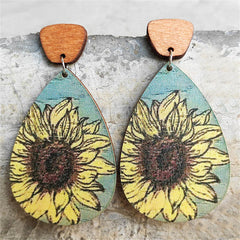 Yellow & Blue Sunflower Wood Drop Earrings