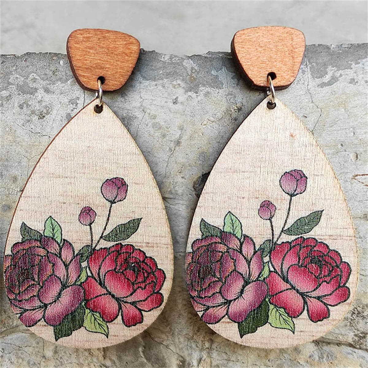 Brown & Red Rose Floral Wood Drop Earrings