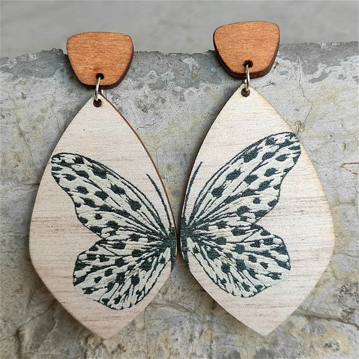 Brown Wood & Silver-Plated Butterfly Drop Earrings