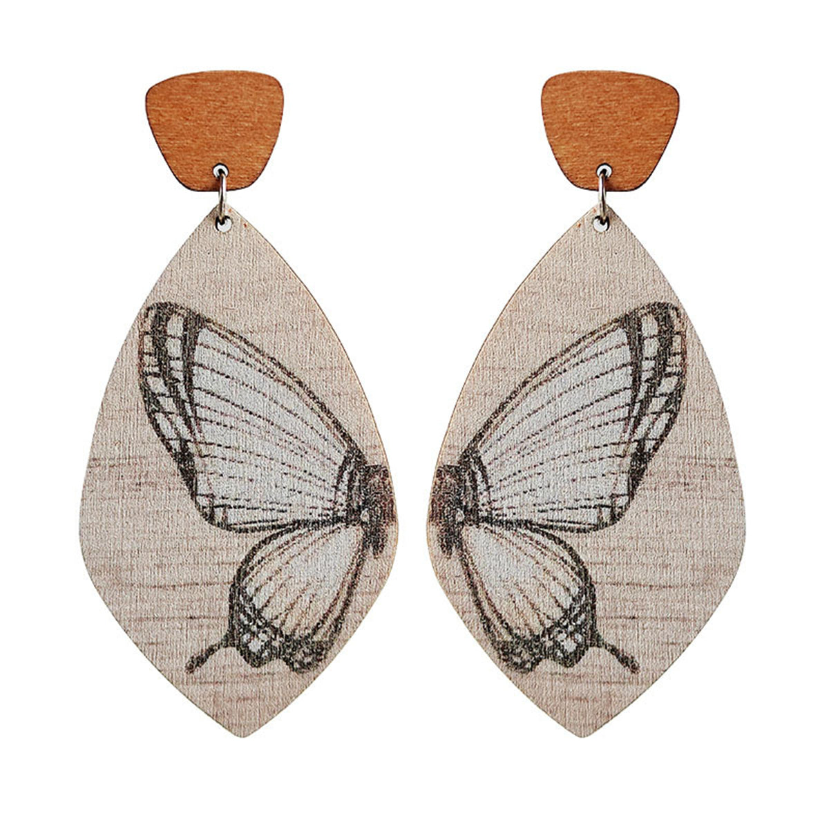 Brown Wood & Silver-Plated Butterfly Oval Drop Earrings