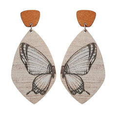 Brown Wood & Silver-Plated Butterfly Oval Drop Earrings