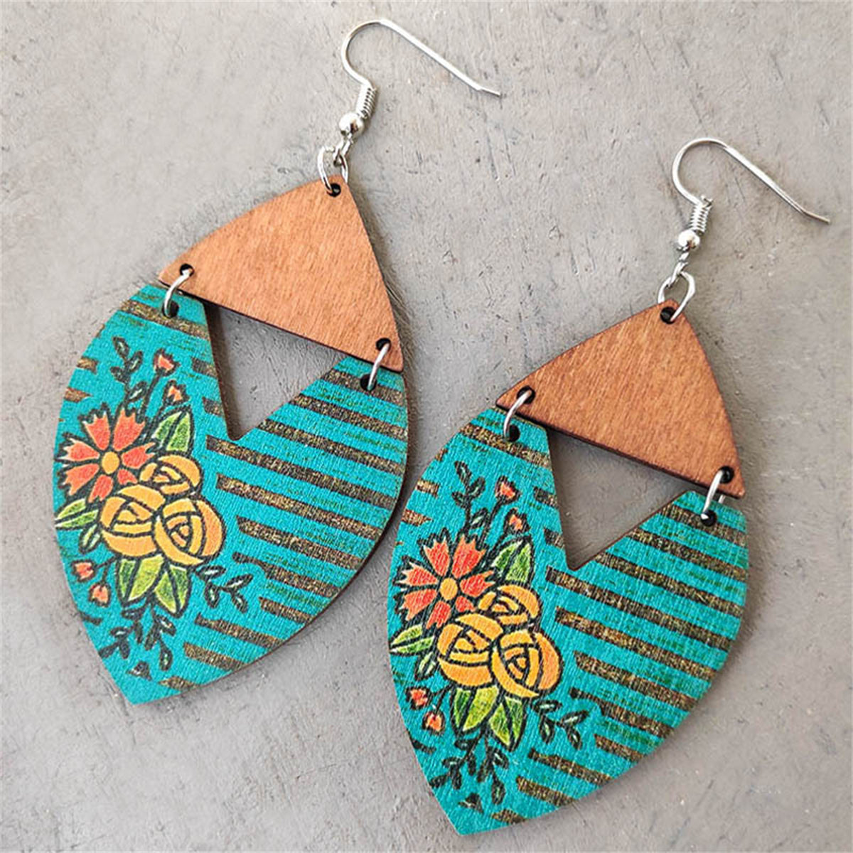 Blue Wood & Silver-Plated Stripped Floral Drop Earrings