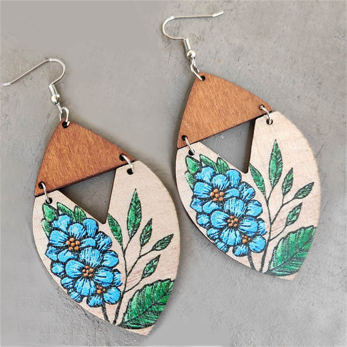 Blue & Brown Floral Wood Drop Earrings