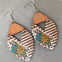 Brown & Yellow Wood Stripe Floral-Accent Drop Earrings