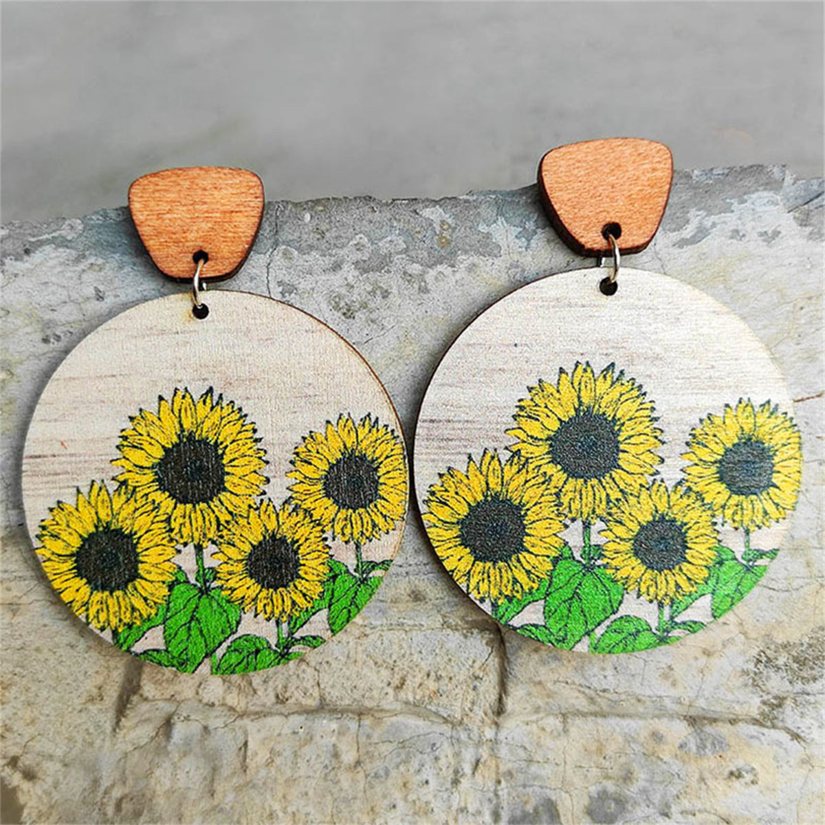 Yellow & Brown Sunflowers Wood Drop Earrings