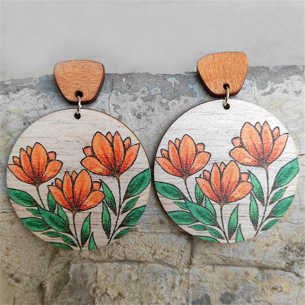 Orange & Brown Floral Wood Drop Earrings