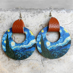 Blue & Brown Starry Swirls Wood Drop Earrings