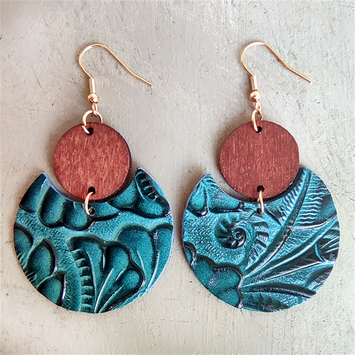 Blue & Brown Floral Embossed Round Drop Earrings