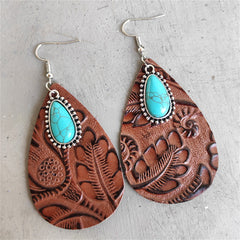 Brown & Turquoise Floral Embossed Drop Earrings