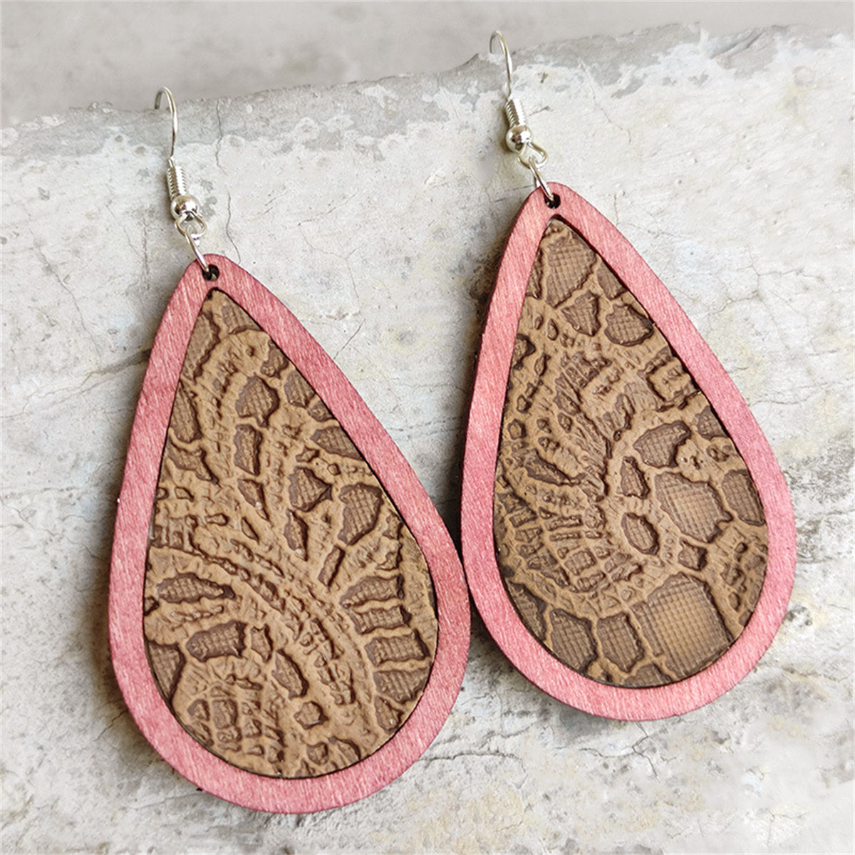 Pink & Brown Lace-Textured Teardrop Earrings