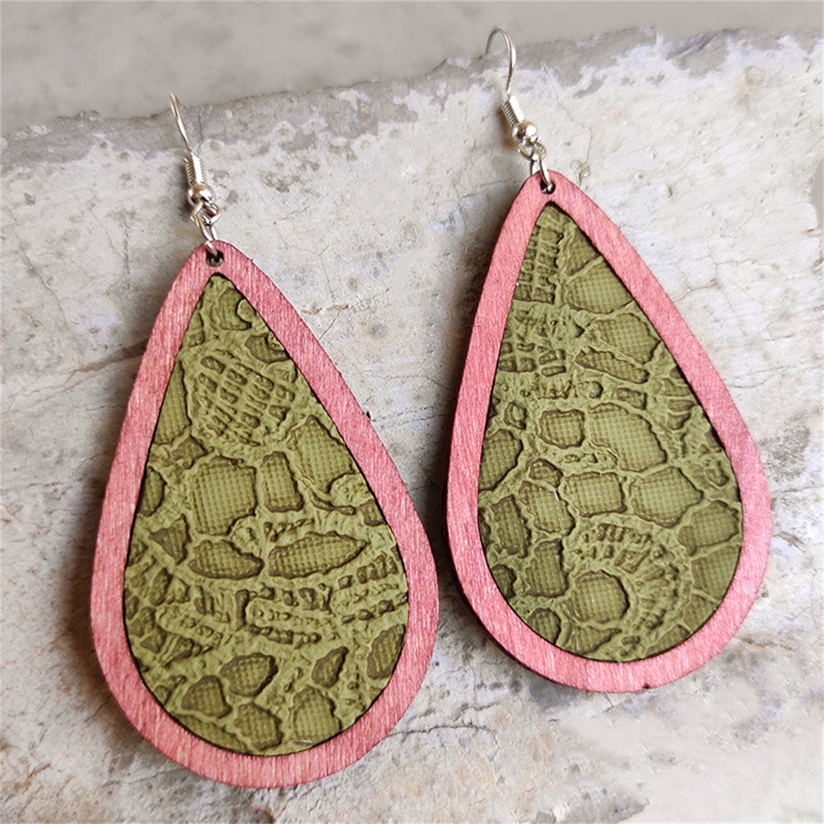 Green & Pink Lace-Textured Teardrop Earrings