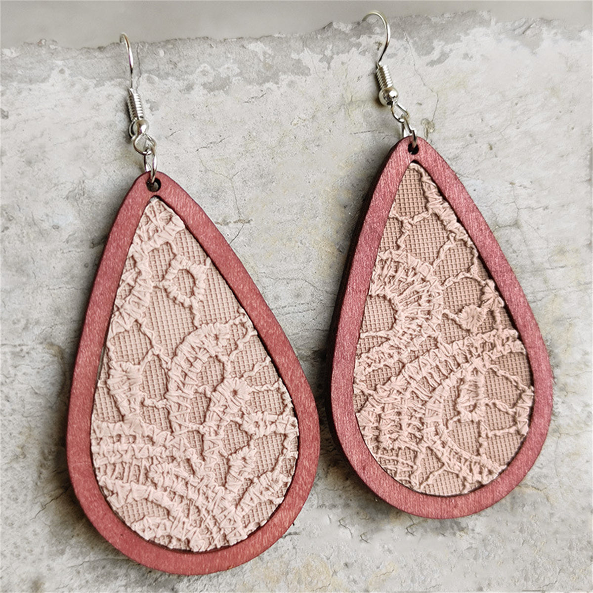 Beige & Red Lace-Textured Teardrop Earrings