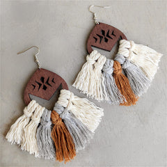 Mustard & Gray Tassel Etched Wood Drop Earrings