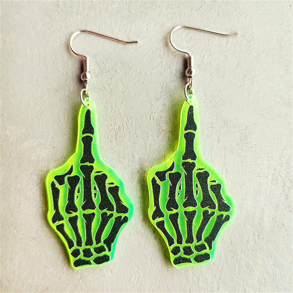 Green & Silver-Plated Skeleton Hand Drop Earrings