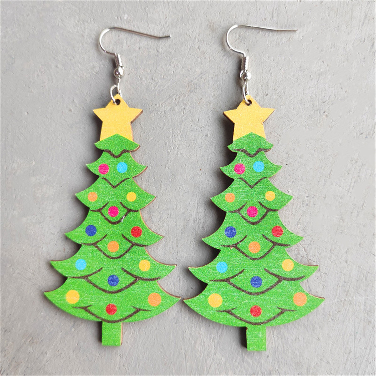 Green & Yellow Wood Christmas Tree Drop Earrings