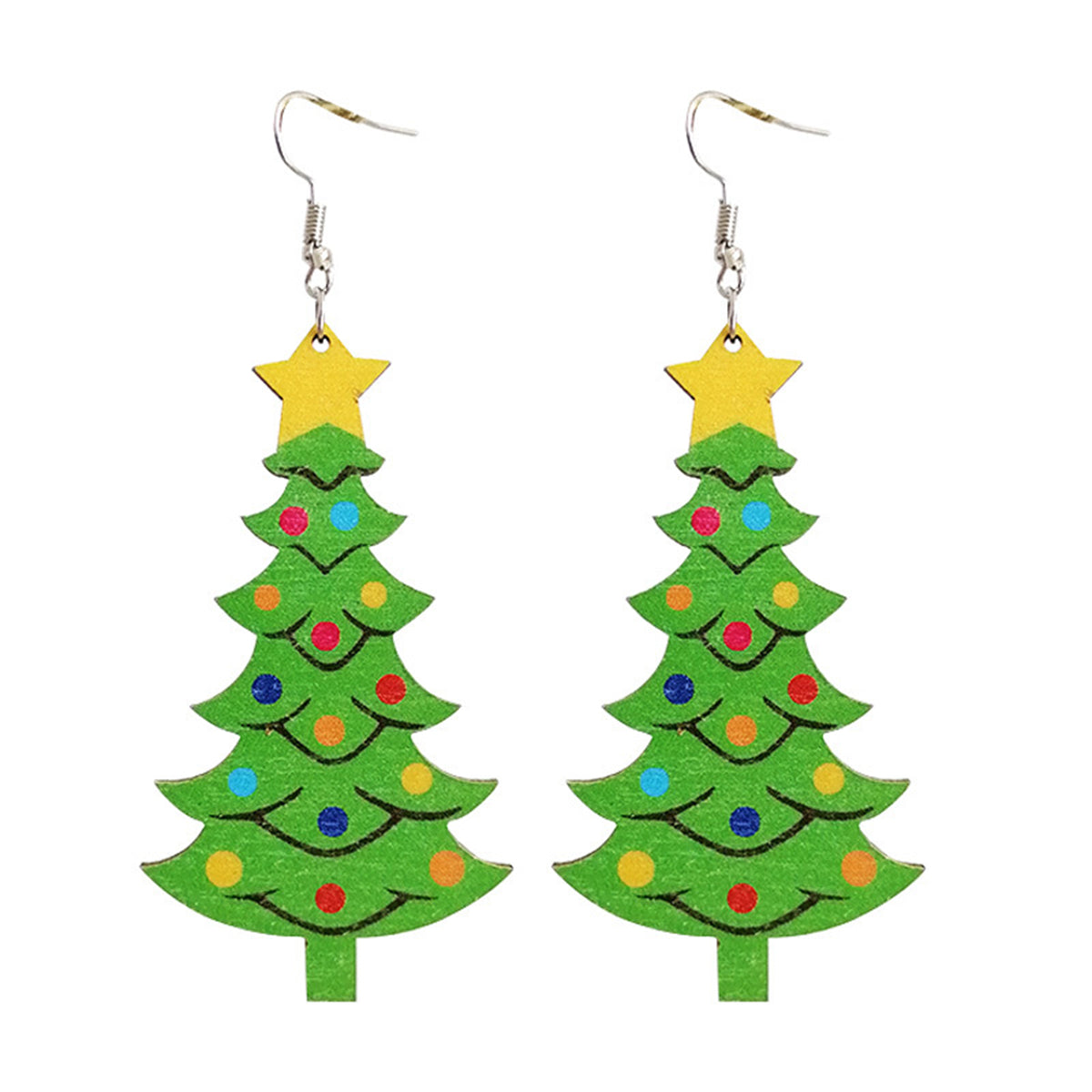 Green & Yellow Wood Christmas Tree Drop Earrings