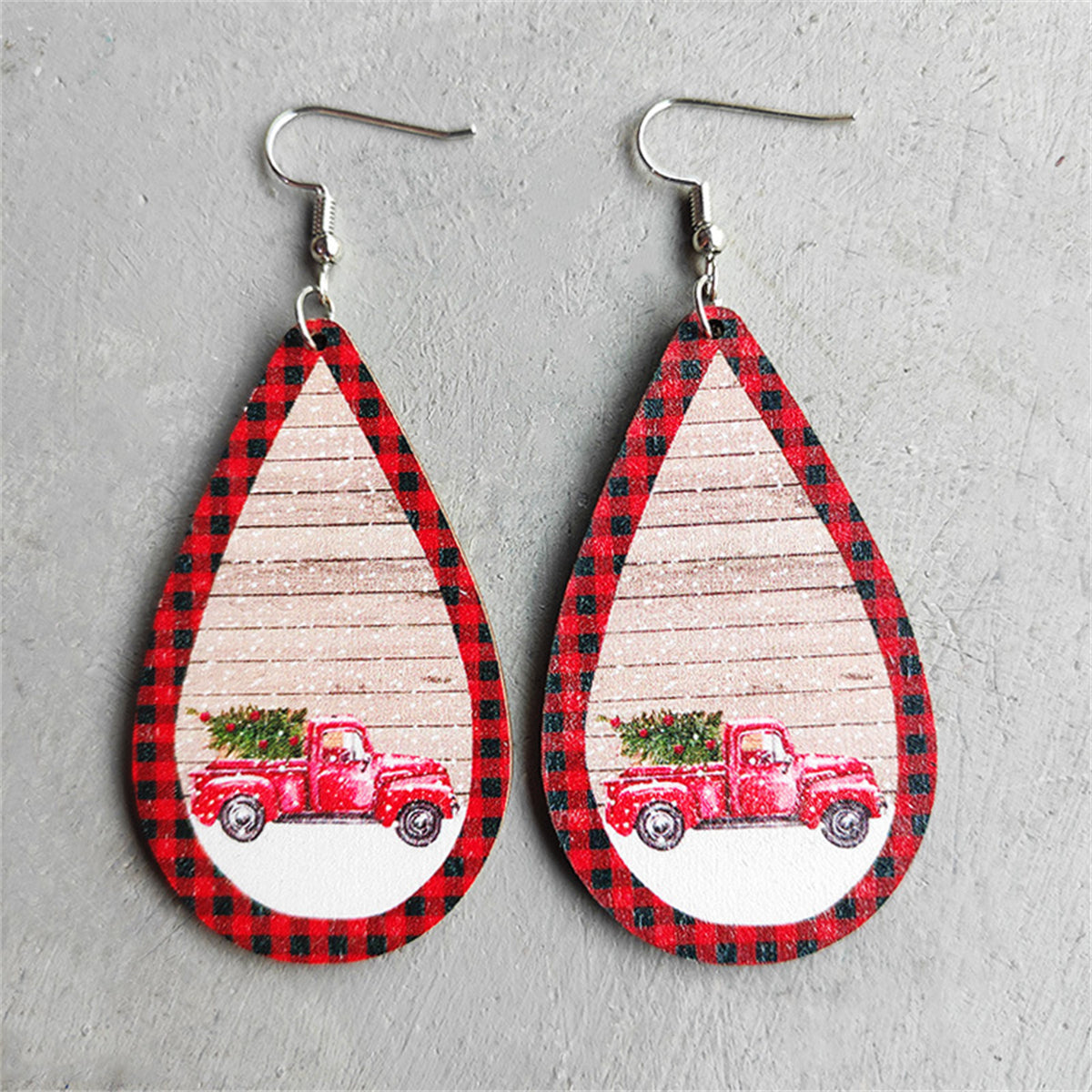 Red Plaid Vintage Christmas Truck Teardrop Earrings