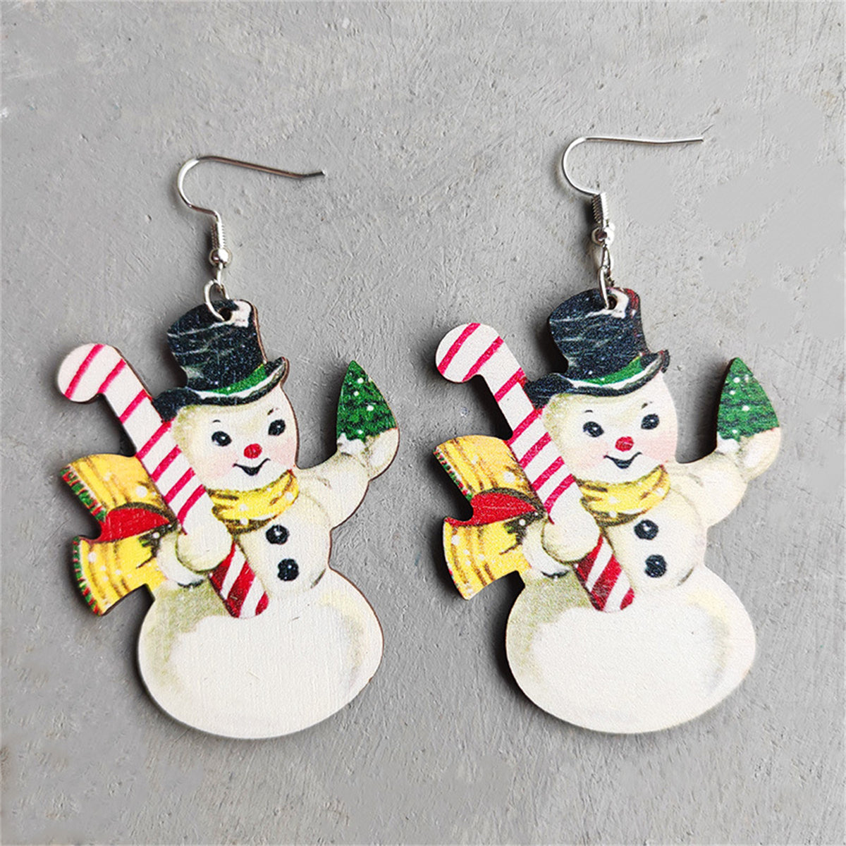 White & Green Wood Snowman Drop Earrings