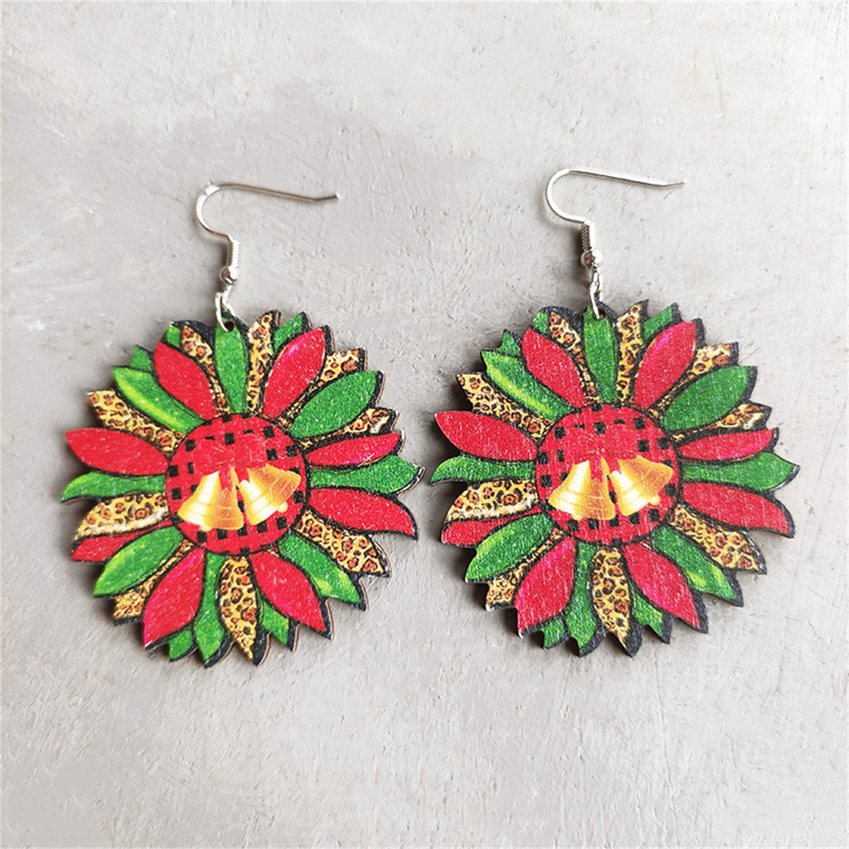 Green & Red Wood Silver-Plated Bell Flower Drop Earrings