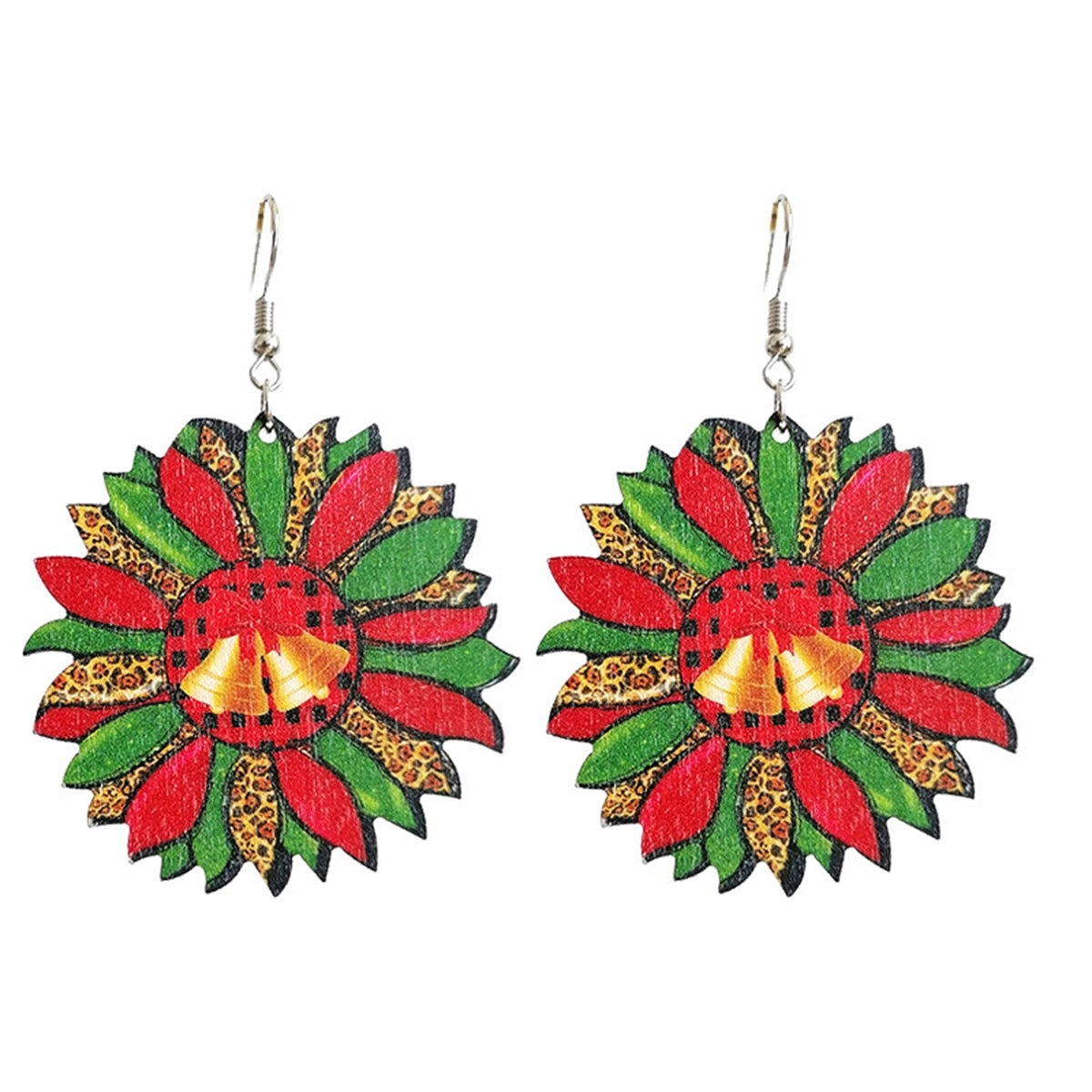 Green & Red Wood Silver-Plated Bell Flower Drop Earrings