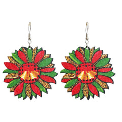 Green & Red Wood Silver-Plated Bell Flower Drop Earrings