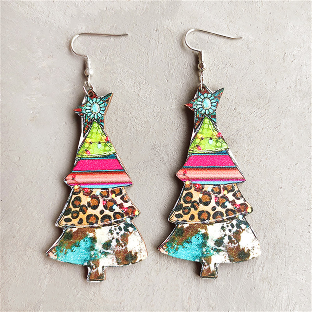 Blue & Green Leopard Christmas Tree Drop Earrings