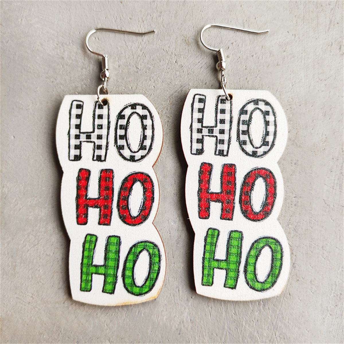 White & Red Wood 'HO HO HO' Drop Earrings