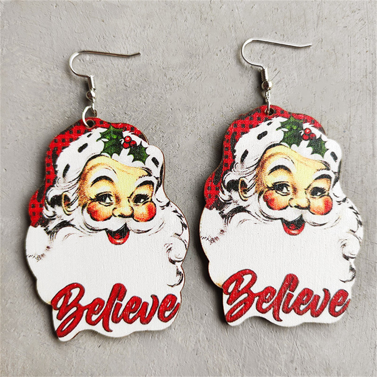 White & Red Wood 'Believe' Santa Drop Earrings