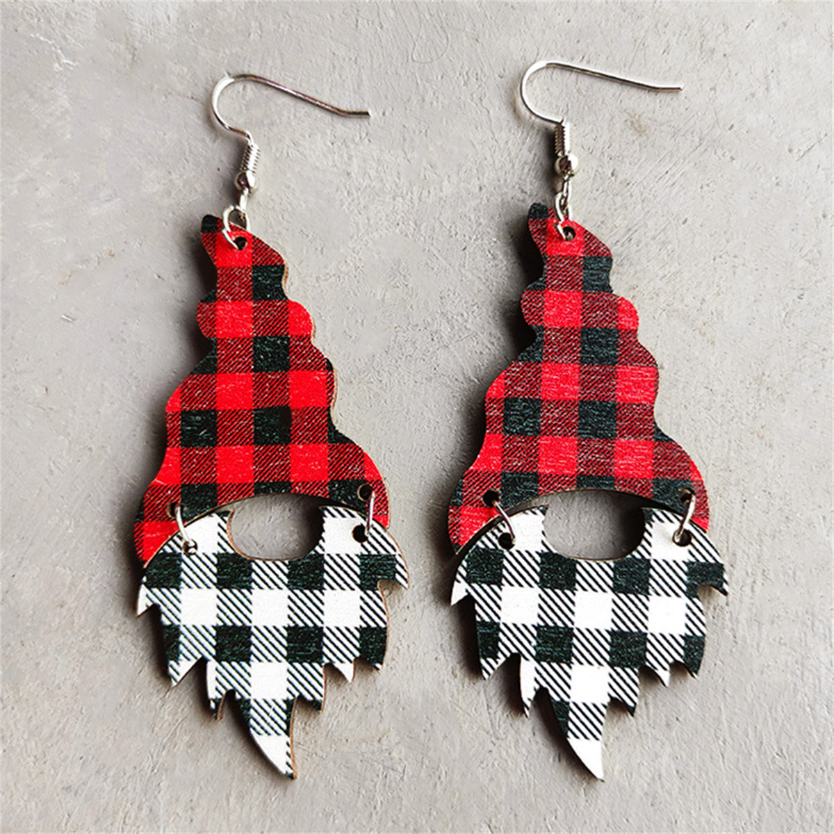 Red & Black Wood Buffalo Check Gnome Drop Earrings