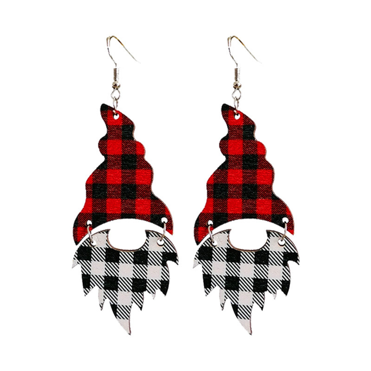 Red & Black Wood Buffalo Check Gnome Drop Earrings