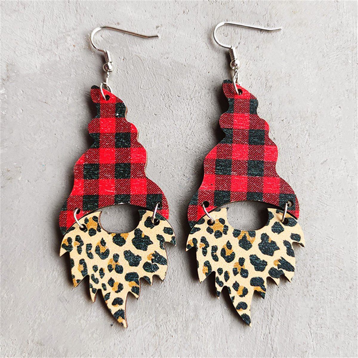 Red & Khaki Wood Buffalo Check & Leopard Gnome Drop Earrings