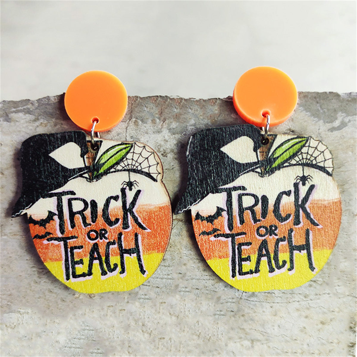 Orange & Yellow Wood & 'Trick Or Teach' Apple Drop Earrings