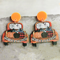 Orange Pumpkin 'Trick Or Treat' Truck Drop Earrings