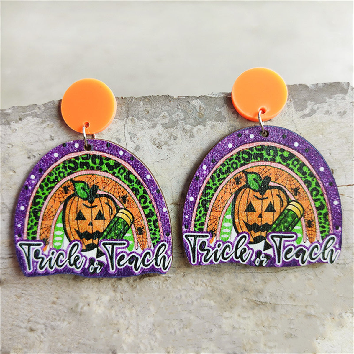 Orange & Purple Wood 'Trick Or Treat' Pumpkin Drop Earrings