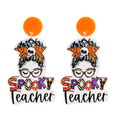 Orange & Purple Wood 'Spooky Teacher' Drop Earrings