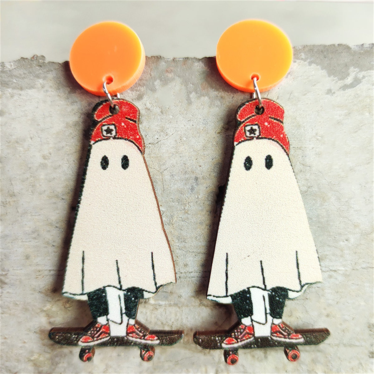 White & Orange Wood Skateboard Ghost Drop Earrings