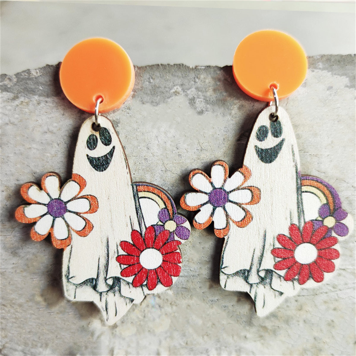 White & Orange Wood Cheerleader Ghost Drop Earrings