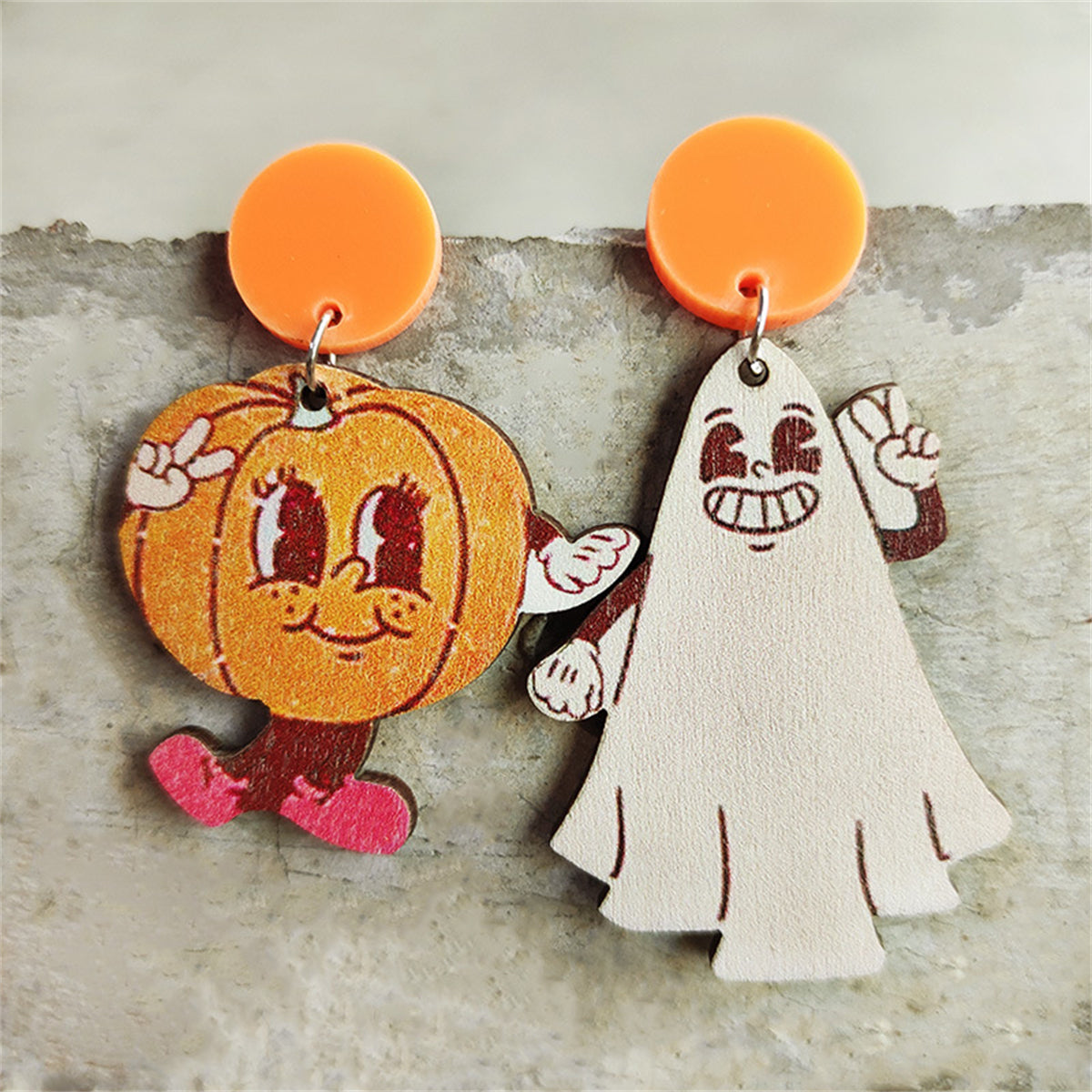 White & Orange Wood Pumpkin Ghost Mismatch Drop Earrings