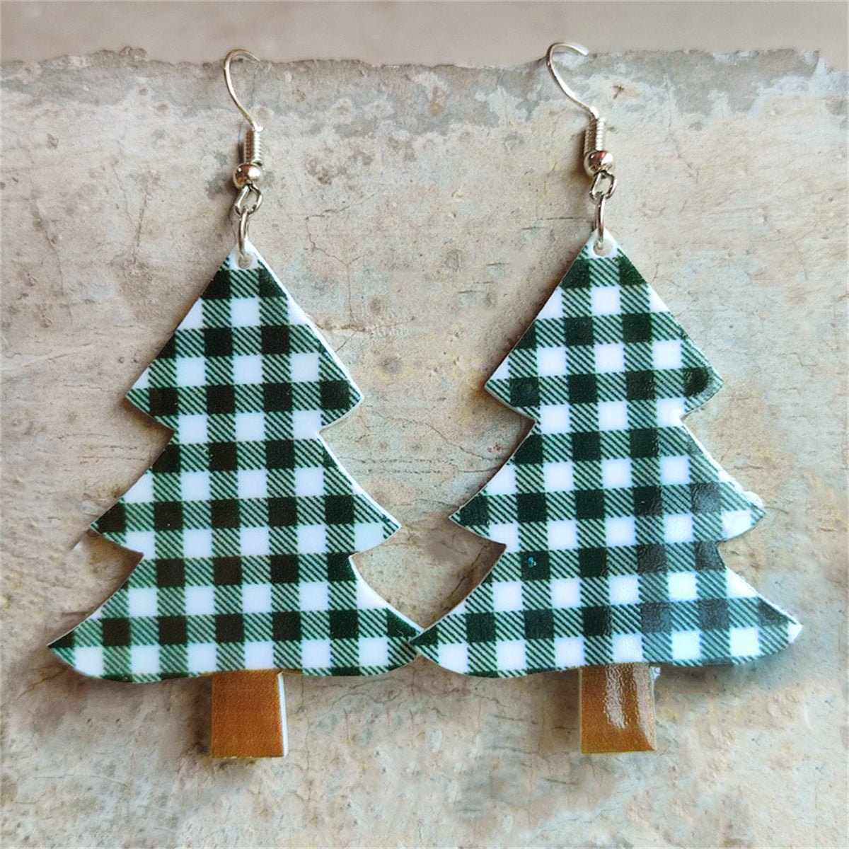 Green & White Plaid Christmas Tree Drop Earrings