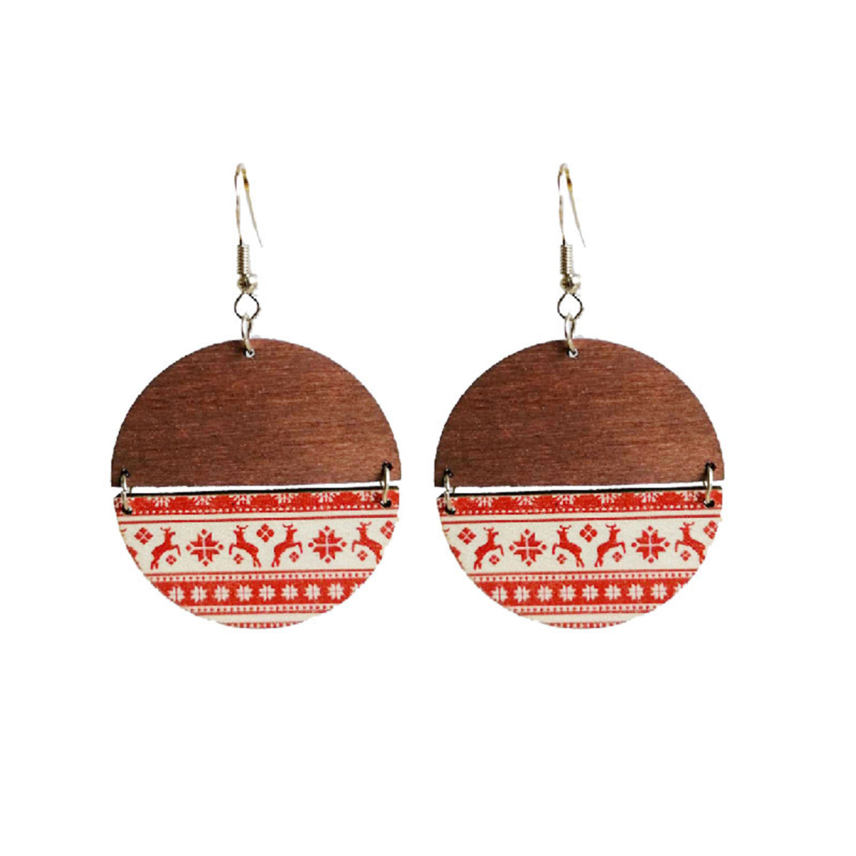 Red Wood & Silver-Plated Holiday Pattern Drop Earrings