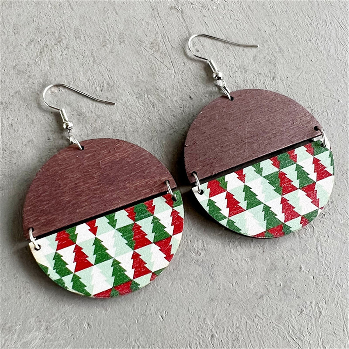 Brown & Red Trees Round Wood Drop Earrings