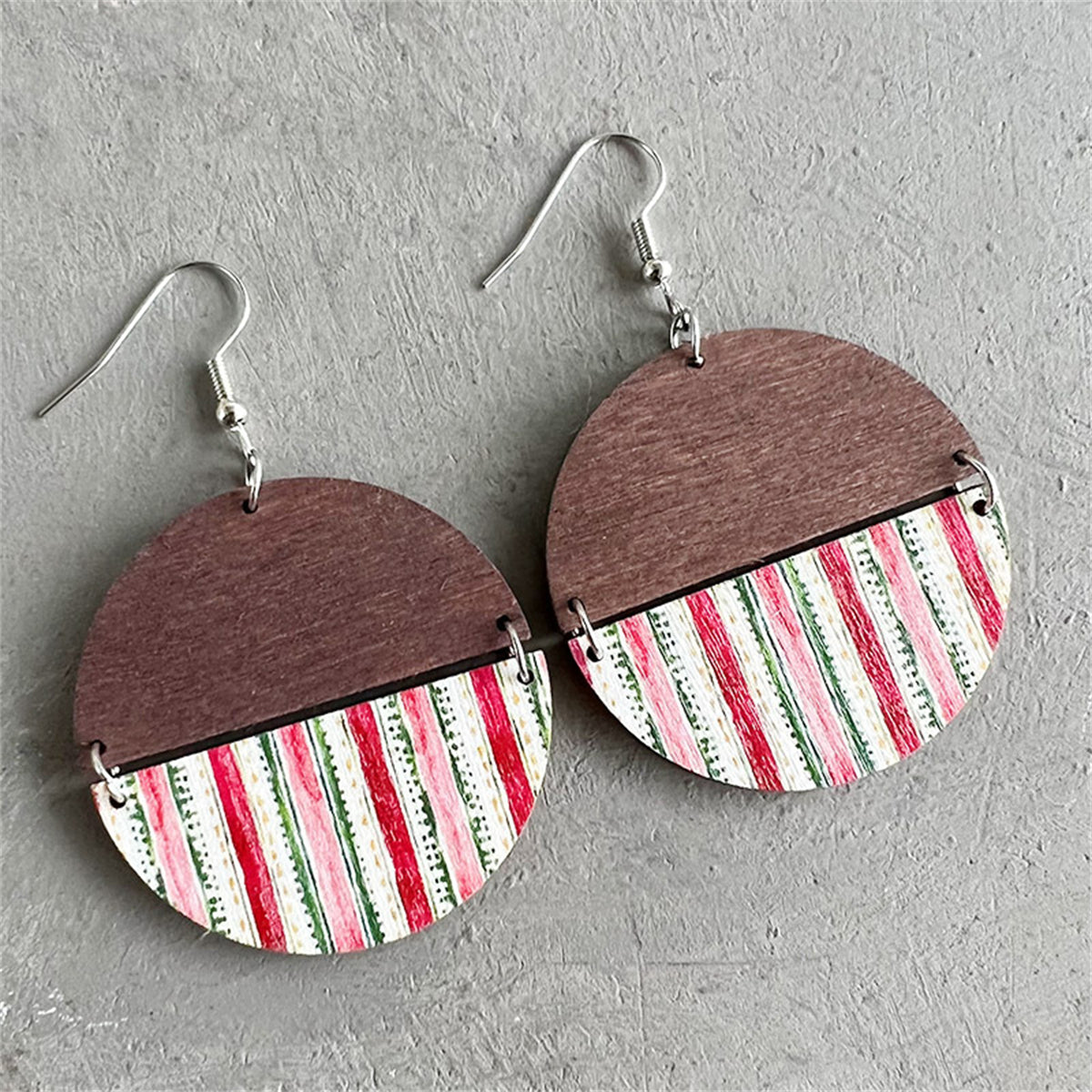 Brown & Red Stripe Round Wood Drop Earrings