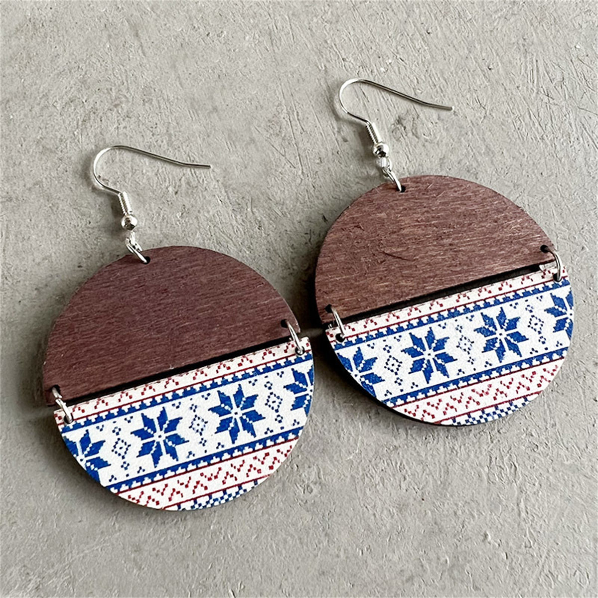 Brown & Blue Fair Isle Wood Drop Earrings