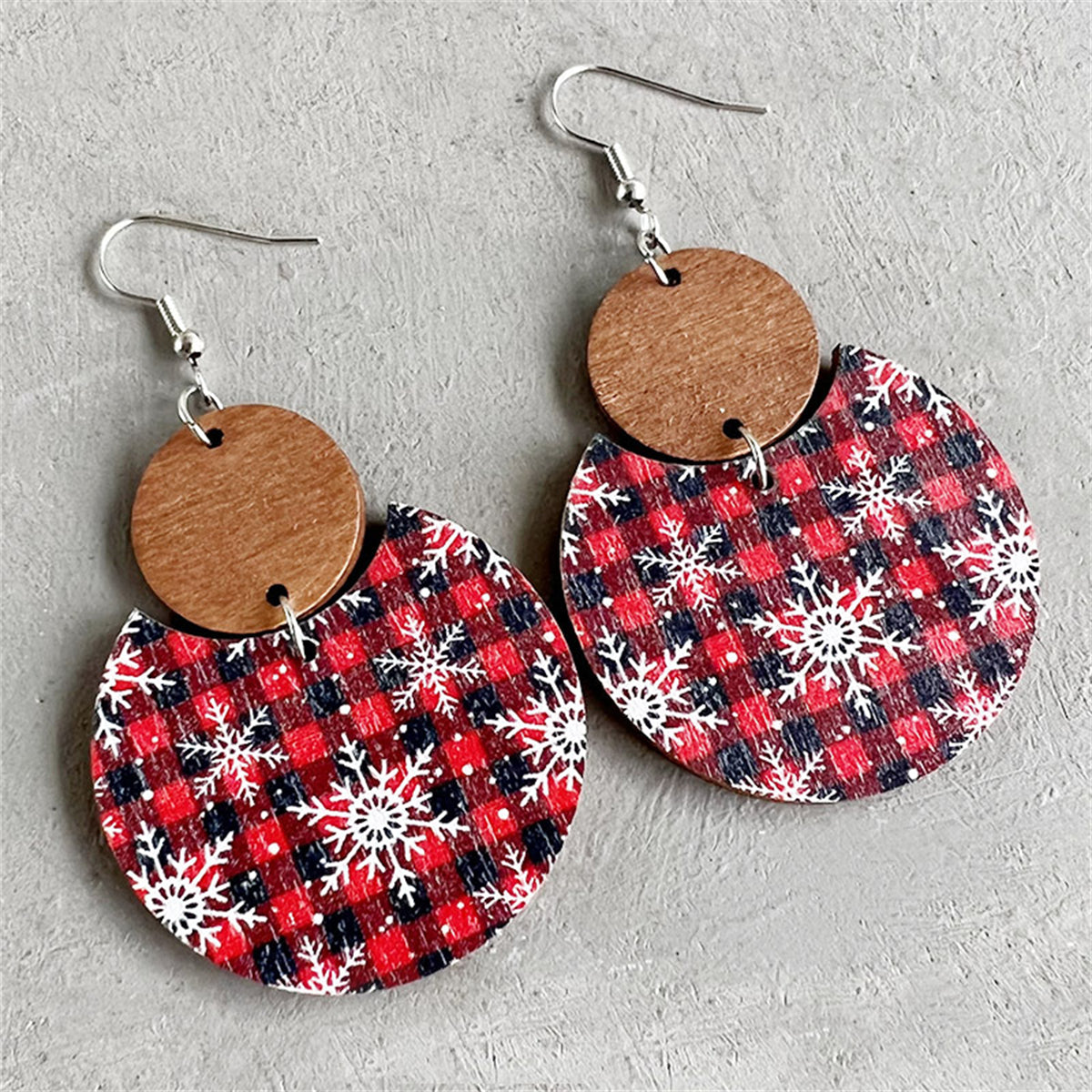 Red Buffalo Check & Snowflake Double-Circle Wood Drop Earrings