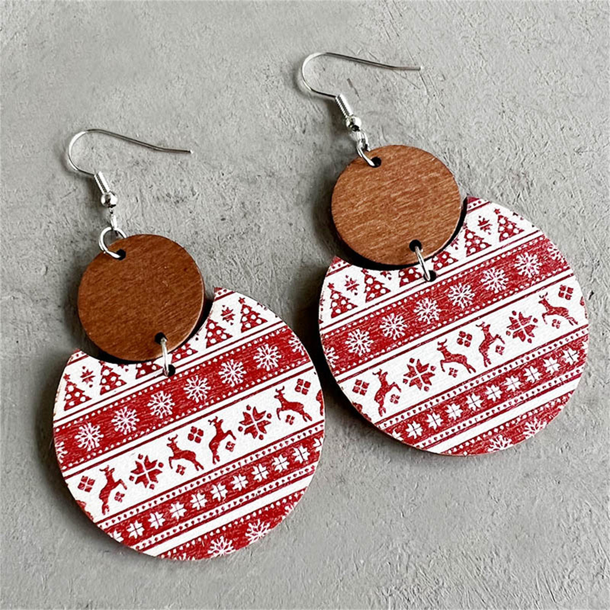 Red Wood & Silver-Plated Holiday Features Drop Earrings