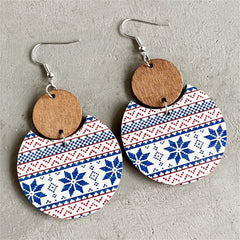 Brown & Blue Fair Isle Double-Disc Wood Drop Earrings