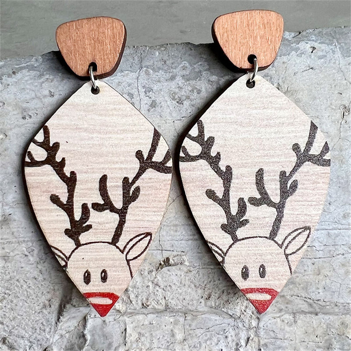 Wood & Silver-Plated Reindeer Rhombus Drop Earring