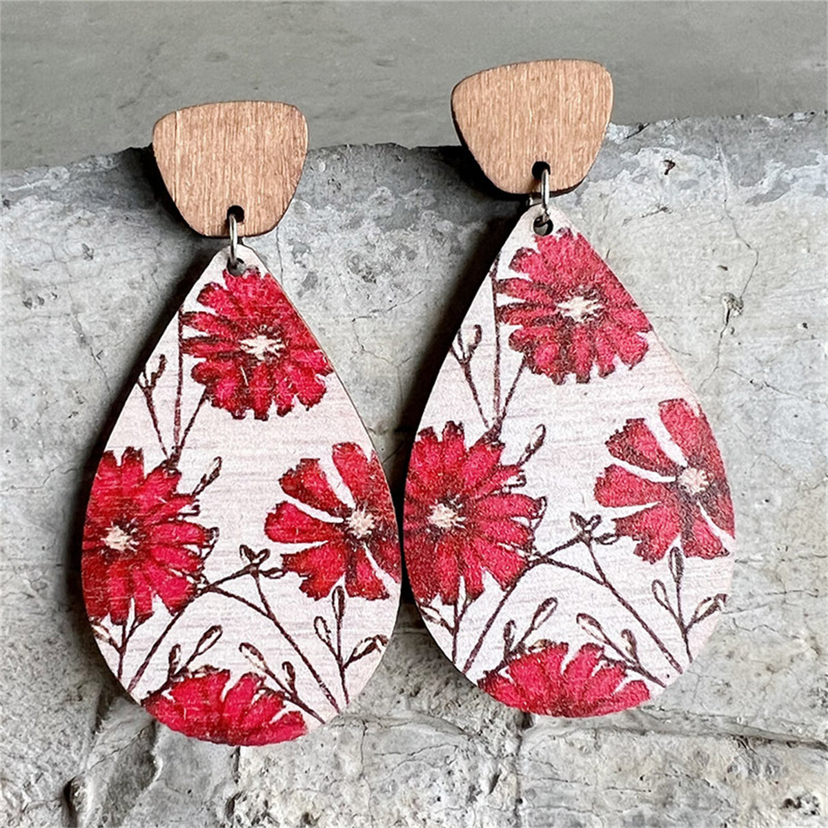 Red Plum Blossom Wood Teardrop Earrings